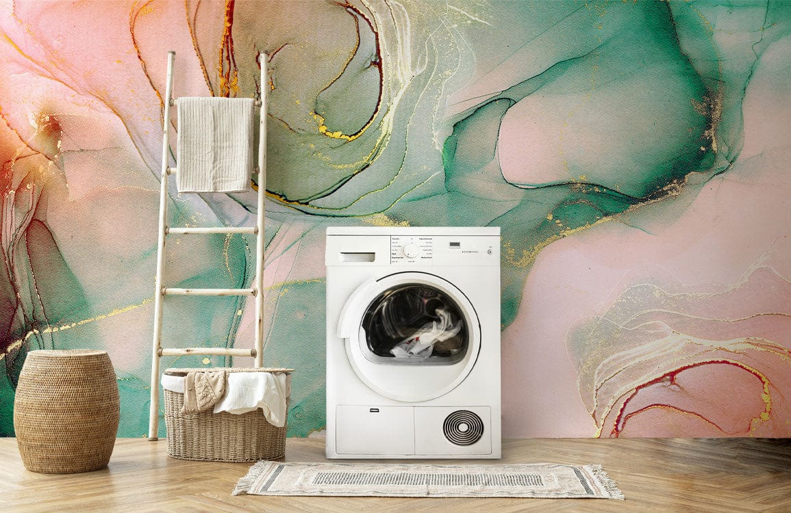 Elegant teal and rose marble mural wallpaper in laundry room with wooden ladder and basket decor.
