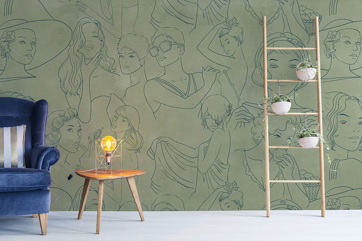 Vintage Line Art Women's Green Wallpaper with navy velvet sofa and light wood flooring for elegance.