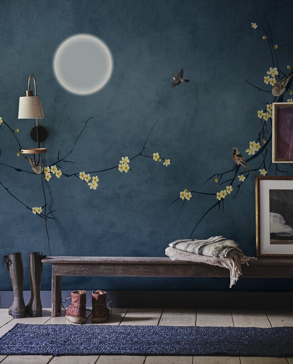 Mystical Night Sky Blue Mural Wallpaper; moon, blossoms; bench, boots; rustic floor; hallway Décor.