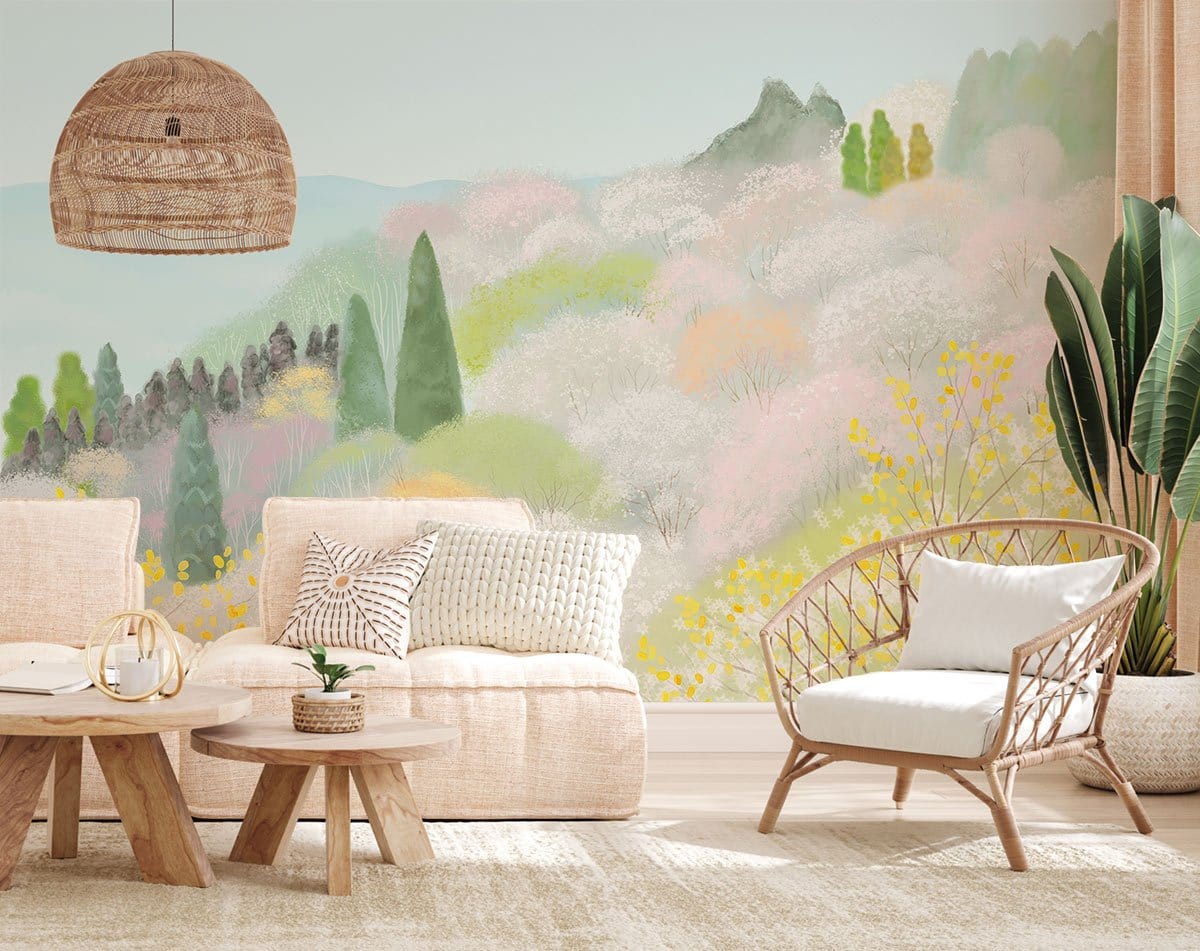 Serene Pastel Forest Mural Wallpaper accentuates living room with wicker sofa, rattan lamp, beige decor.