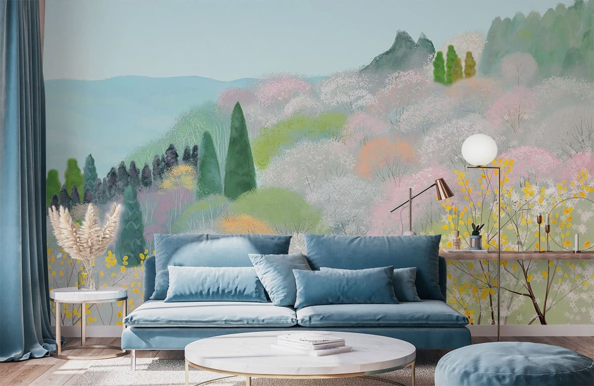 Pastel mountain wallpaper with blue sofa, round table, lamp; soft spring colours in cosy living room.