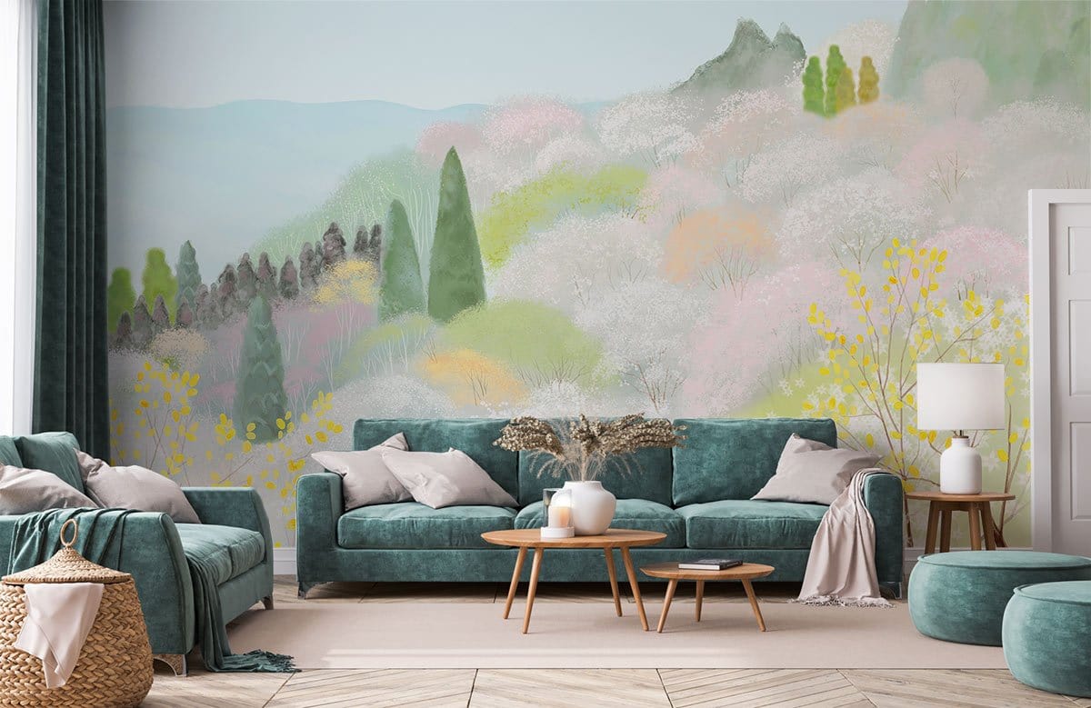 Serene pastel forest mural wallpaper in living room, teal sofas, wooden tables, light flooring.