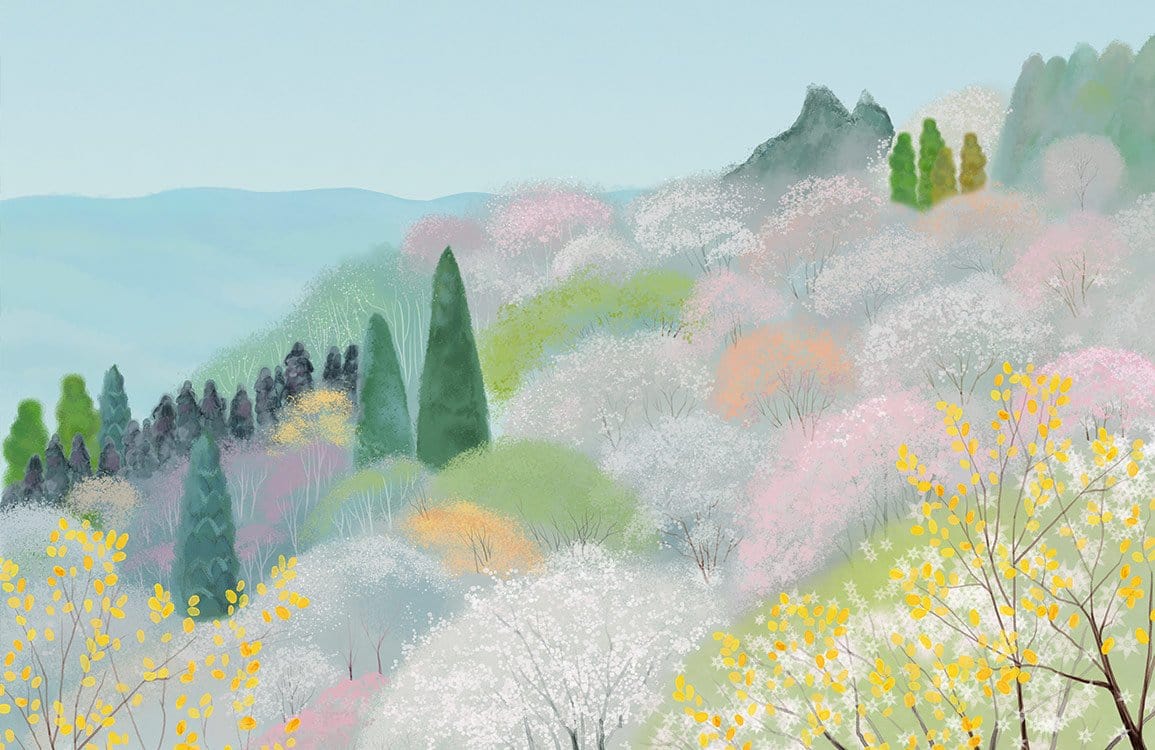 Serene Pastel Mountain Landscape Mural Wallpaper - Soft Springtime Colours