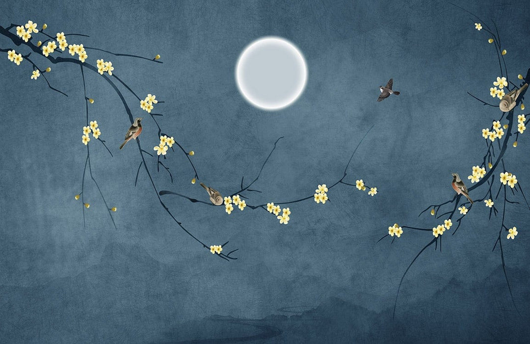 Mystical Night Sky Blue Mural Wallpaper with Moon and Blossoms Design