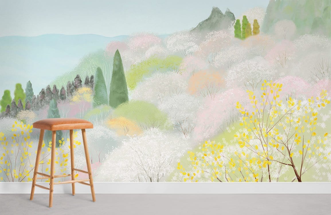 Serene Pastel Forest Mural Wallpaper in soft colours with wooden stool, grey flooring, scenic interior.