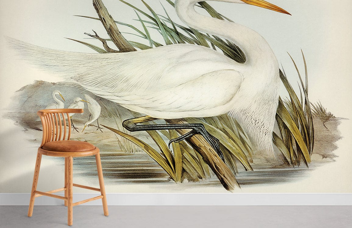 Elegant White Egret mural wallpaper, vintage style; neutral room setting with wooden chair, light flooring.
