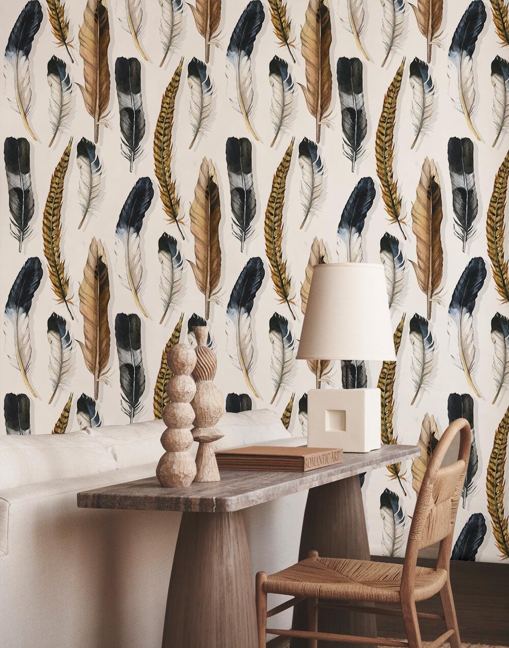 Rustic feather and wheat wallpaper; brown tones. Wooden table and chair; living room decor.