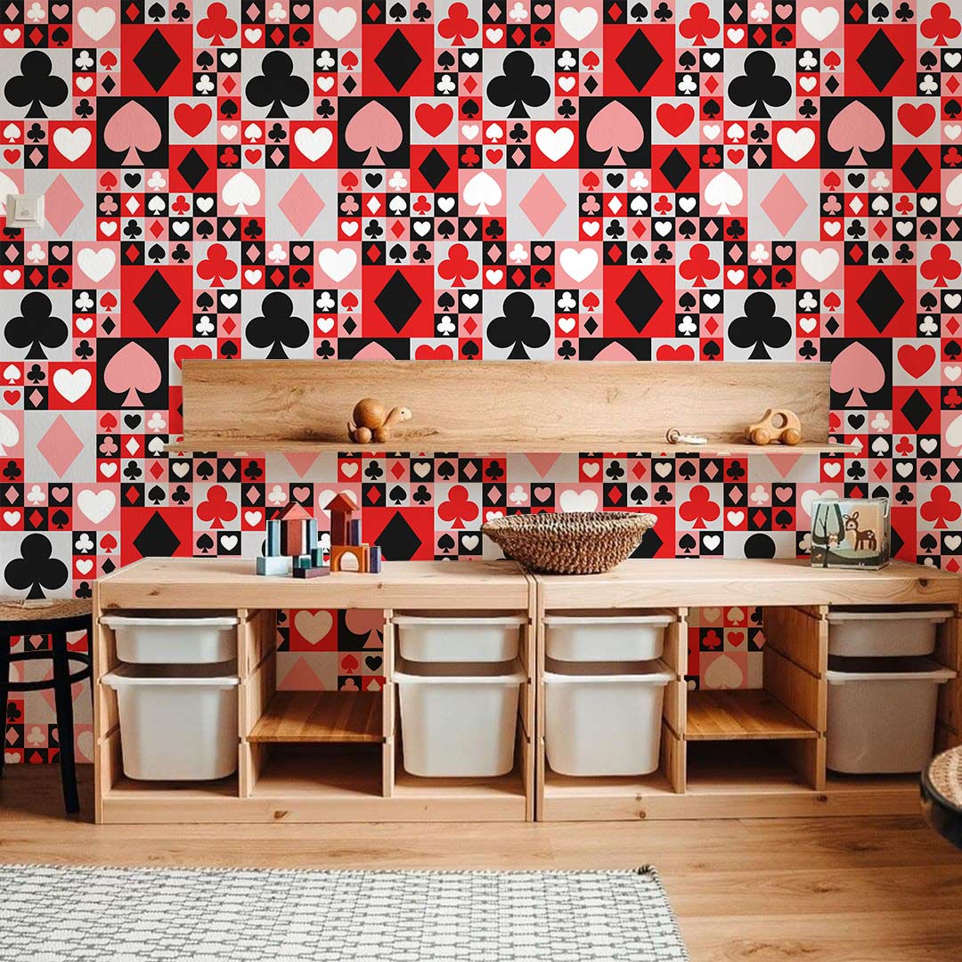 Retro Playing Card Pattern Wallpaper in red, black, pink, wooden shelving unit, light wood flooring.