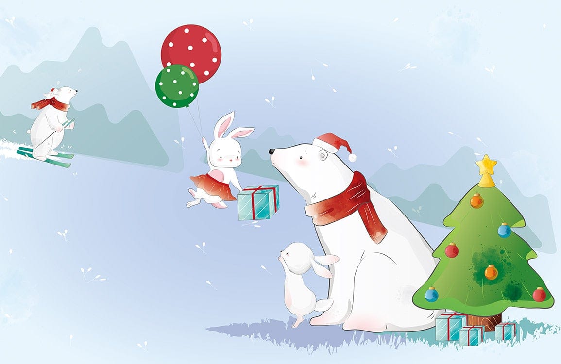 Festive Polar Bears and Rabbits Winter Wonderland Children's Mural Wallpaper