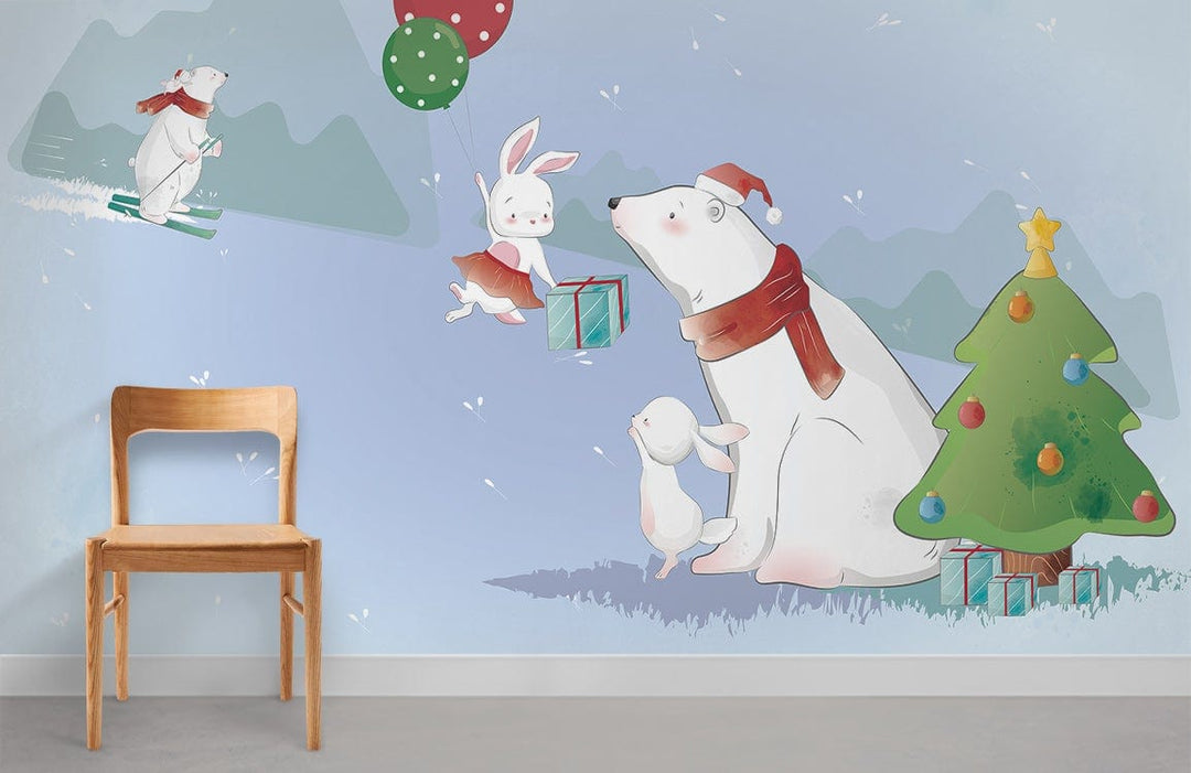 Festive Polar Bears and Rabbits mural wallpaper in children's room with wooden chair and grey flooring.