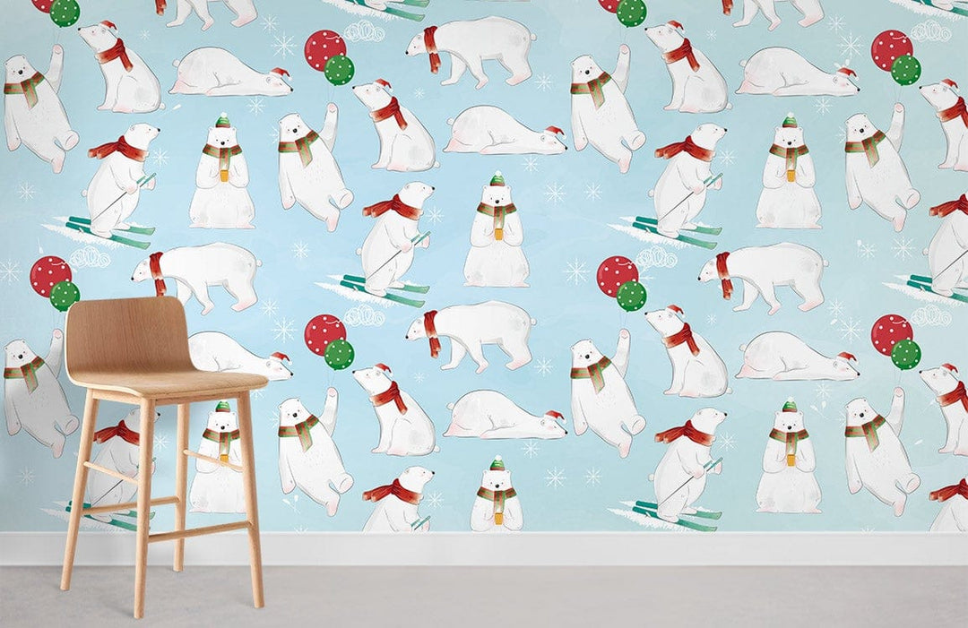 Whimsical polar bears wallpaper in children's room, light blue theme, wooden stool, white skirting board.