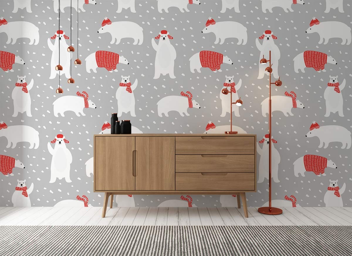 Cosy Polar Bears grey children's wallpaper with wooden sideboard, modern floor lamps, and striped rug.