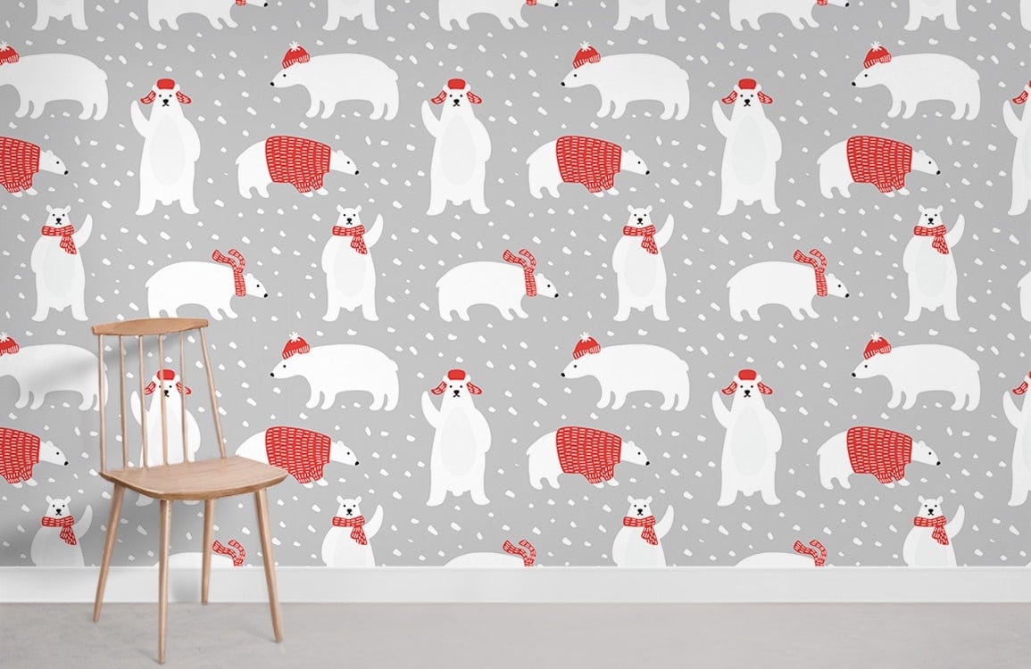 Cosy Polar Bears Grey Children's Wallpaper with wooden chair, winter theme. Ideal for children's bedroom decor.