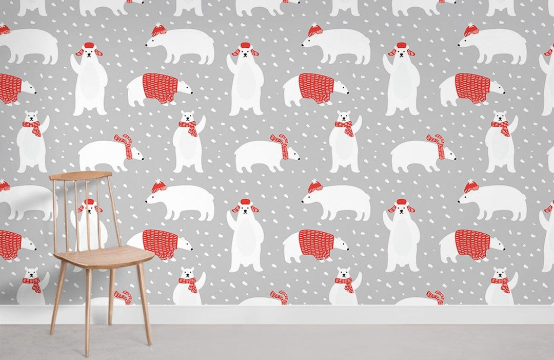 Cosy Polar Bears Grey Children's Wallpaper with wooden chair, winter theme. Ideal for children's bedroom decor.
