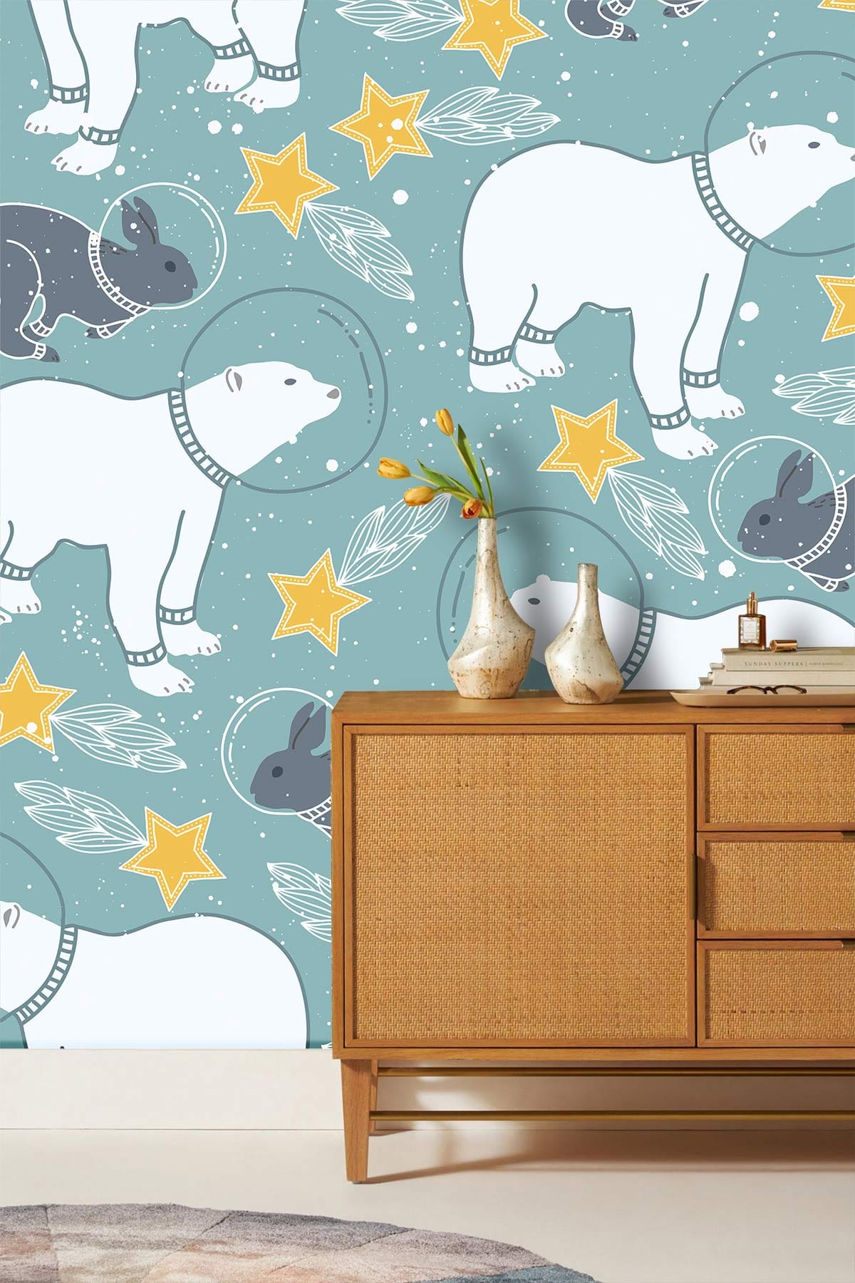 Teal wallpaper featuring polar bears and rabbits, mid-century wooden sideboard, round rug, modern decor.