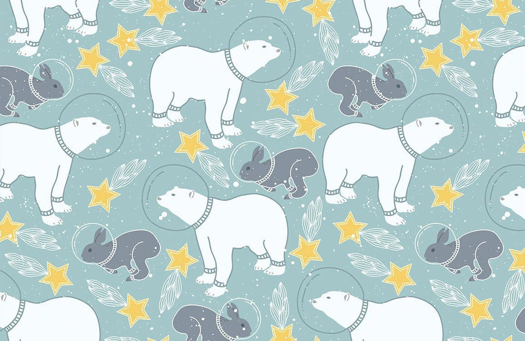 Whimsical Polar Bear and Rabbit Space Adventure Teal Wallpaper Design