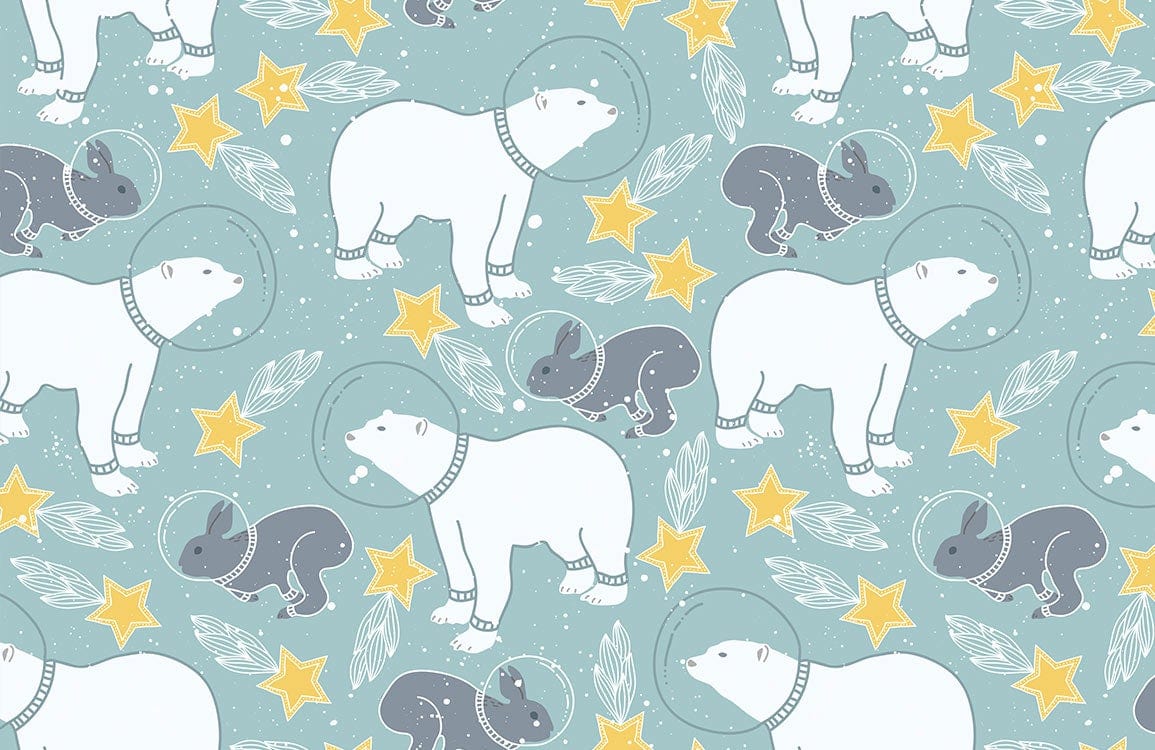 Whimsical Polar Bear and Rabbit Space Adventure Teal Wallpaper Design