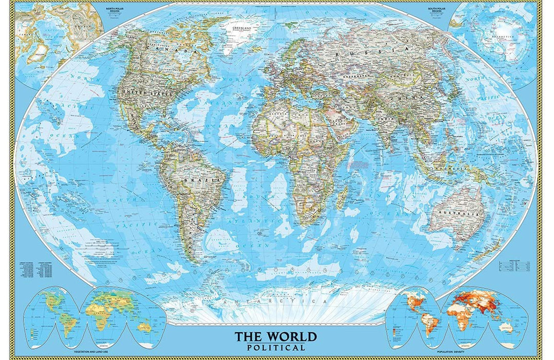 Vintage World Map Mural Wallpaper in Blue for Educational Decor