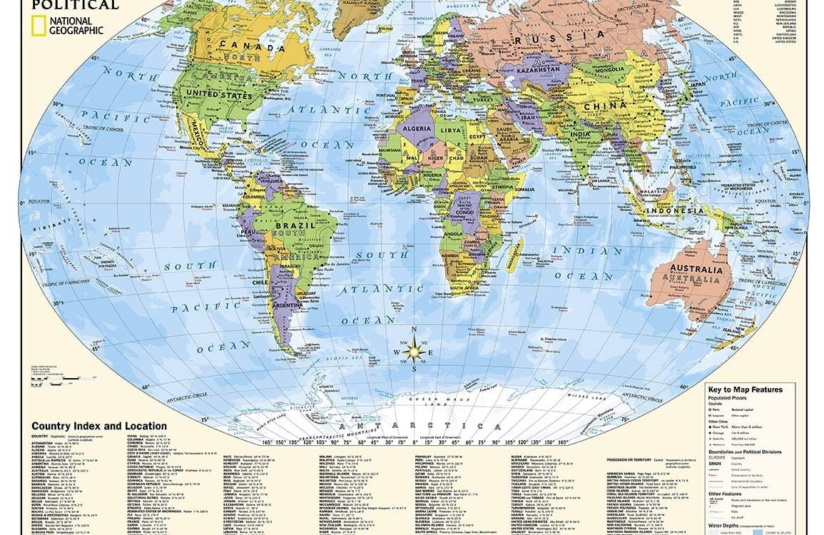 Vintage World Map Mural Wallpaper - Colourful Political Design for Study Rooms