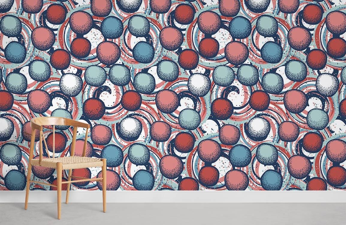 Retro Vortex Pop Art Wallpaper with geometric dots design; wooden chair on grey flooring.