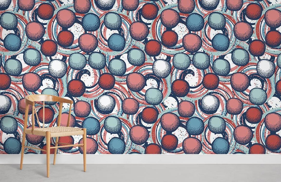 Retro Vortex Pop Art Wallpaper with geometric dots design; wooden chair on grey flooring.