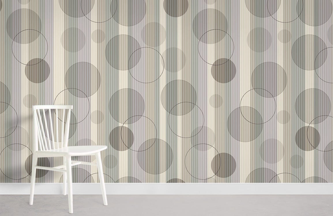 Elegant geometric wallpaper in grey circles and stripes, featuring a modern white chair, grey flooring.