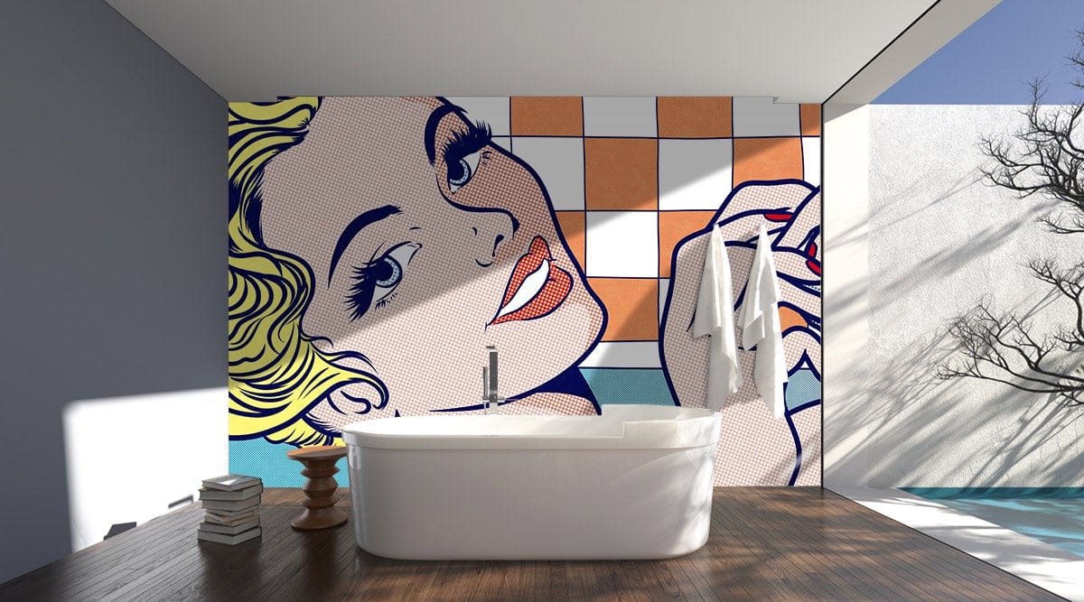 Retro Pop Art Blonde Glamour Wallpaper in modern bathroom with wooden floor, white bathtub, grey walls.