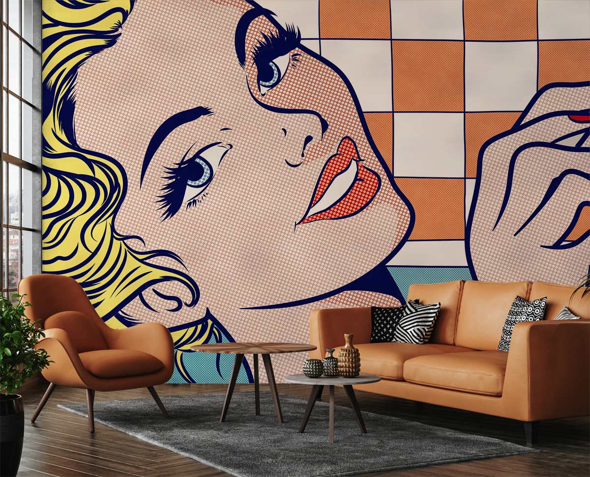 Retro Pop Art mural with bold checkerboard, featuring tan sofa, wooden flooring, modern living room.