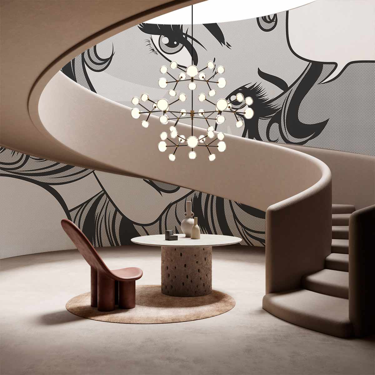 Monochrome Pop Art Comic Style Mural Wallpaper in chic interior with spiral staircase and modern furniture.