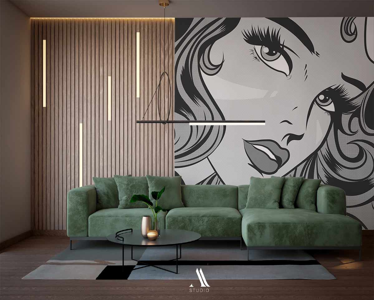 Monochrome pop art comic wallpaper, modern green sofa, chic wood-panelled wall, stylish contemporary living room.