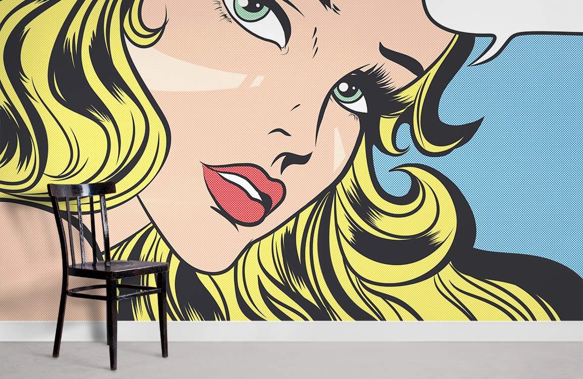 Retro Pop Art Blonde Mural Wallpaper with chair; vibrant comic style, grey flooring.