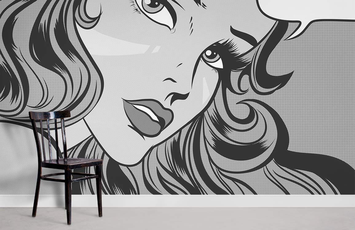 Monochrome pop art mural wallpaper in chic interior with grey wall, black chair, and minimal design.