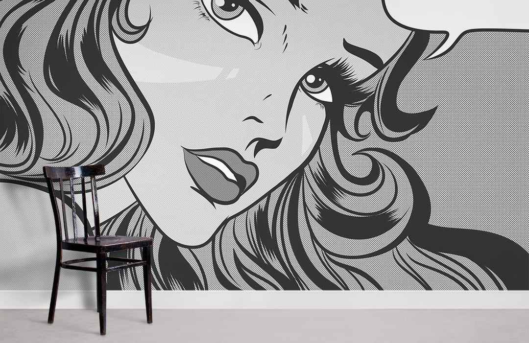 Monochrome pop art mural wallpaper in chic interior with grey wall, black chair, and minimal design.