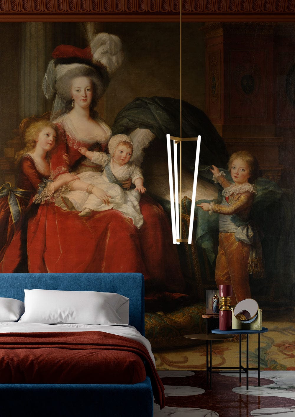 Elegant mural wallpaper with regal family portrait, blue bed, round bedside table, modern pendant light.