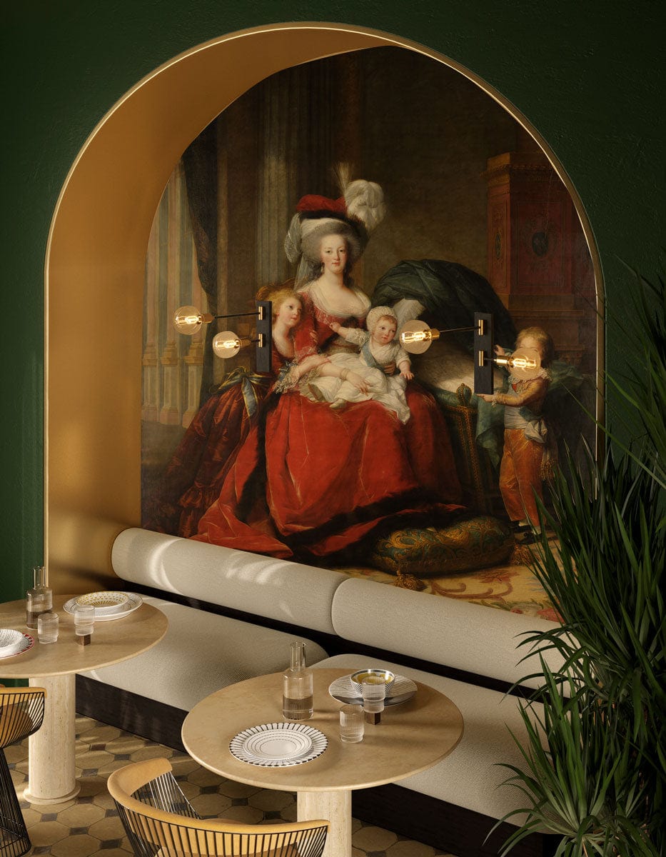 Elegant Regal Family Portrait mural in vintage baroque style, green walls, archway, stylish café setting.