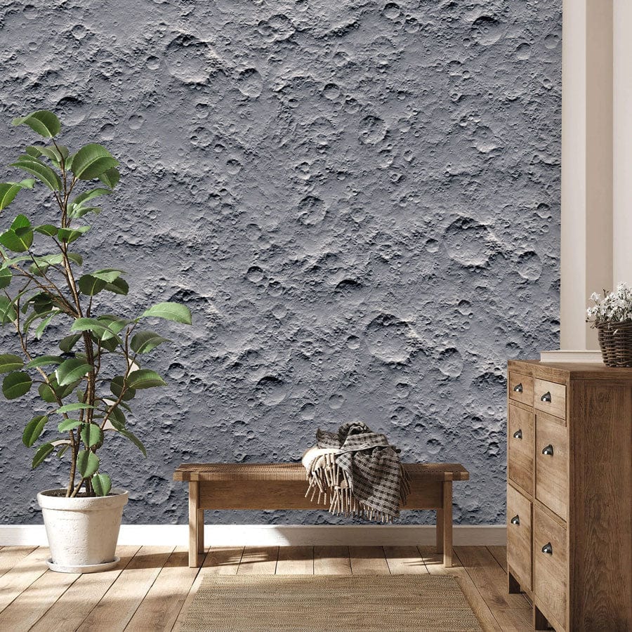 Lunar Surface Grey Textured Wallpaper in living room with wooden flooring and rustic bench design.
