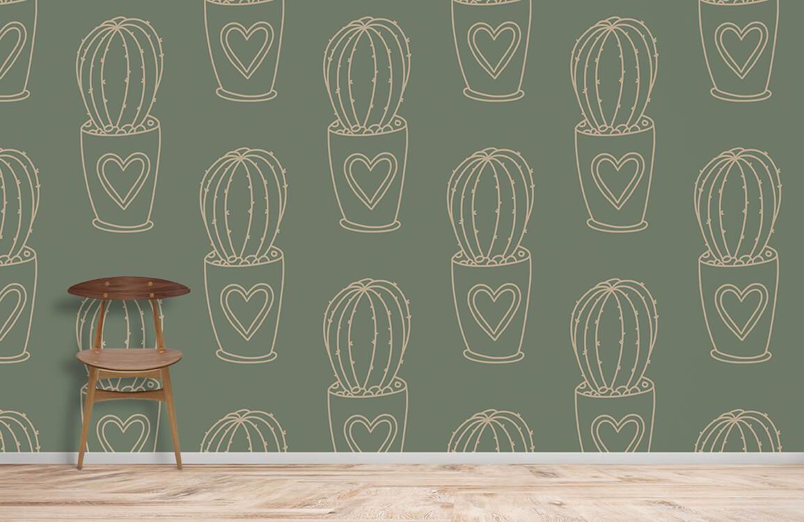 Green cactus patterned wallpaper features love heart design, rustic botanical style, wooden chair, wooden flooring.