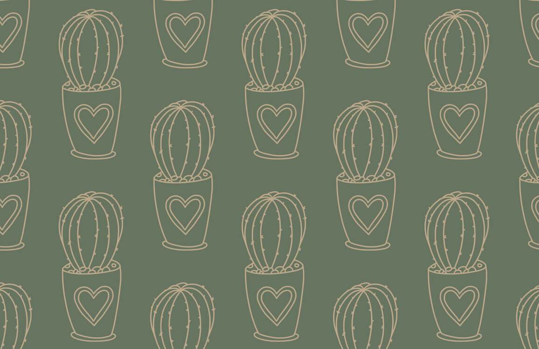Green Cactus Love Heart Repeated Pattern Wallpaper - Rustic Botanical Design