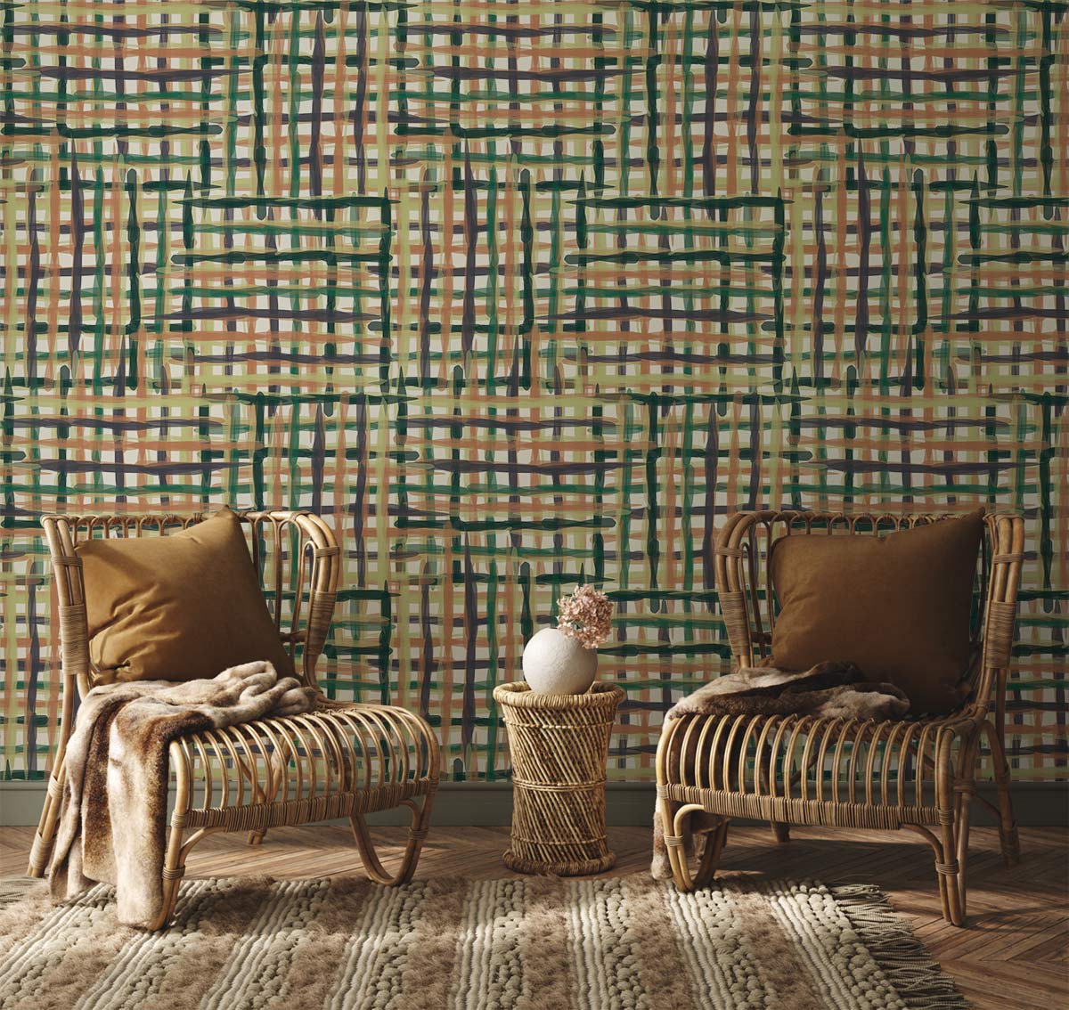 Rustic woven pattern wallpaper, earthy tones, cosy rattan chairs, textured rug, wooden floor, warm atmosphere.