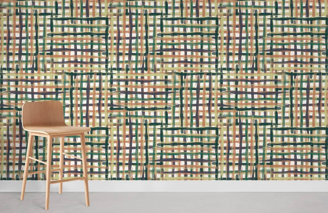 Rustic woven wallpaper in earthy tones, cosy interior, with minimalist wooden chair, neutral flooring.