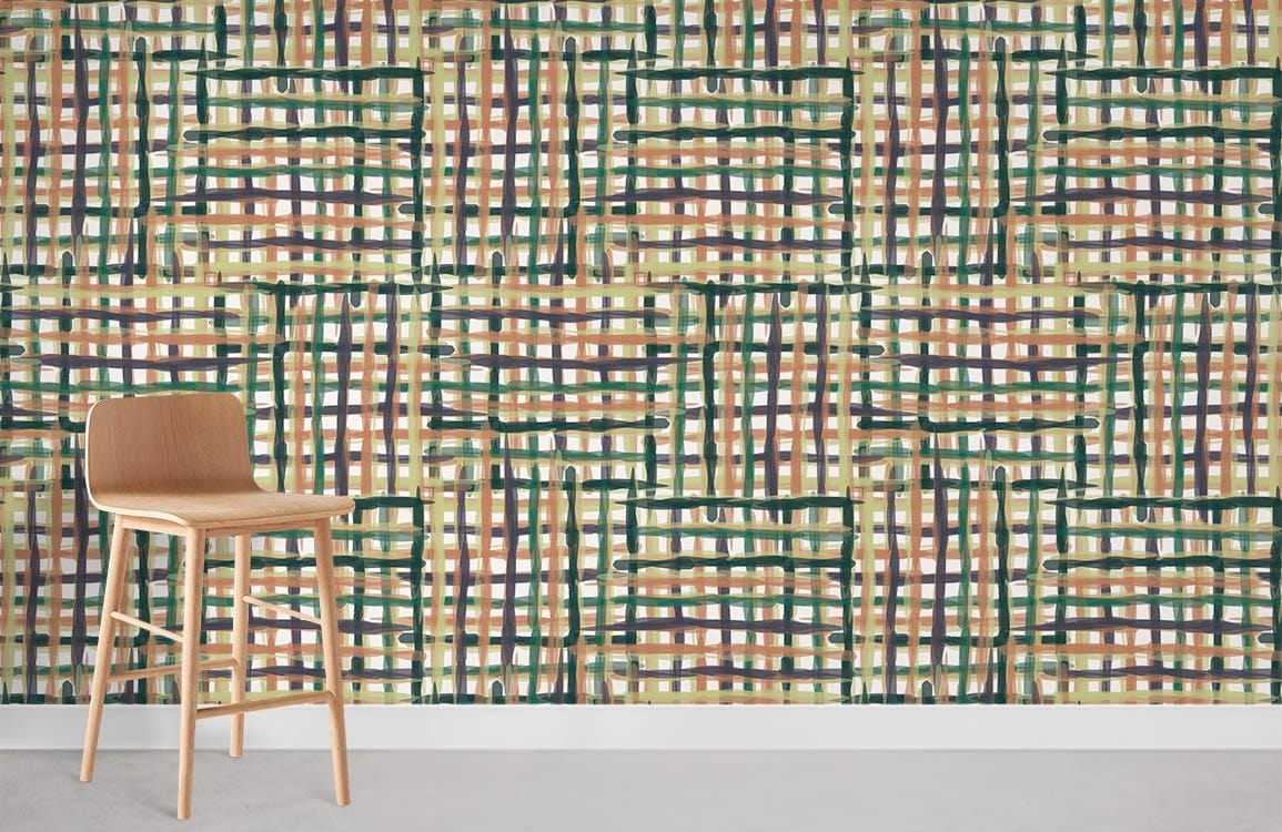 Rustic woven wallpaper in earthy tones, cosy interior, with minimalist wooden chair, neutral flooring.