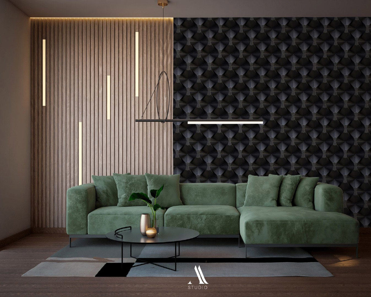 Modern charcoal geometric wallpaper with green velvet sofa, wooden flooring in contemporary living room setting.