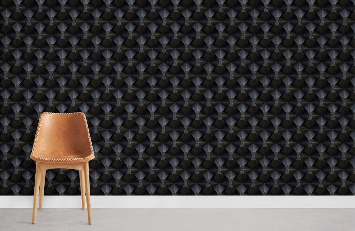 Modern charcoal geometric wallpaper, elegant pattern, brown leather chair, white skirting, grey flooring.