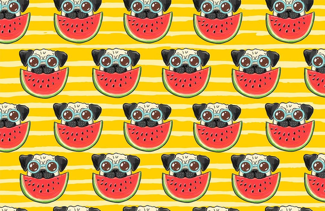 Retro Pug Watermelon Delight Pattern Wallpaper - Fun Yellow Stripes Design