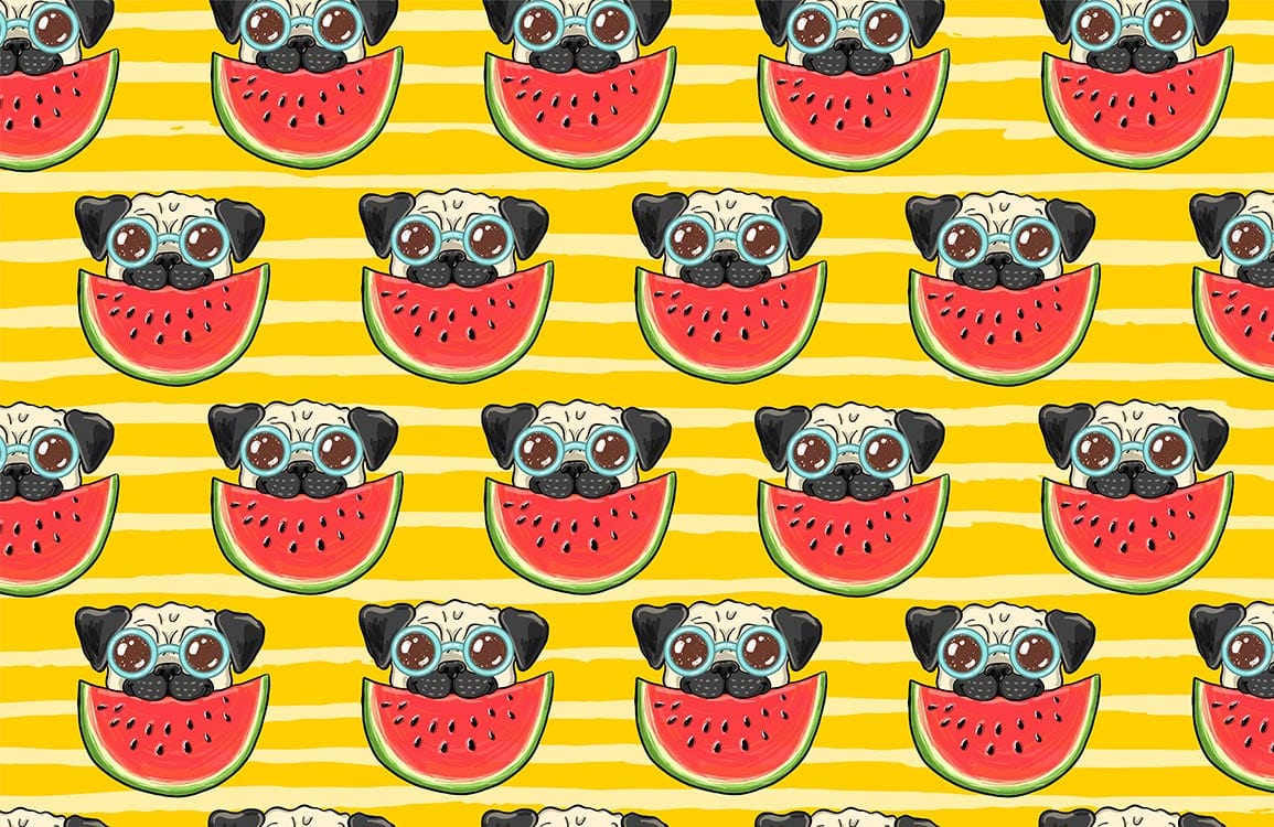 Retro Pug Watermelon Delight Pattern Wallpaper - Fun Yellow Stripes Design