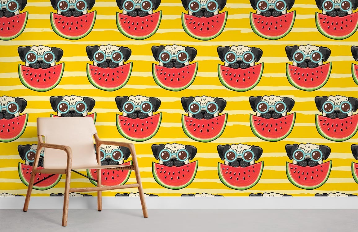 Retro Pug Watermelon Delight wallpaper with yellow stripes, beige modern chair, grey flooring.