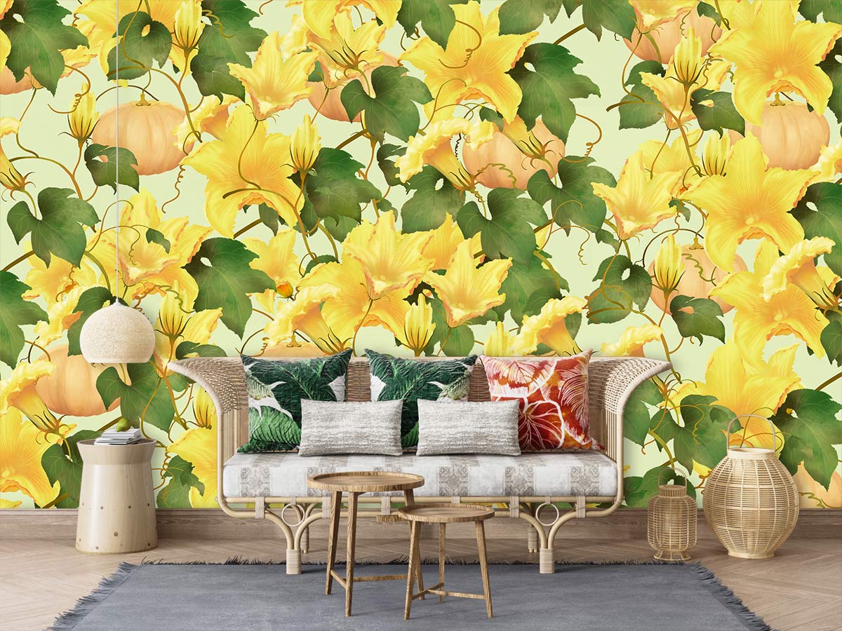 Yellow green floral wallpaper, wicker sofa, botanical mural, wooden flooring, living room decor, table lamp.