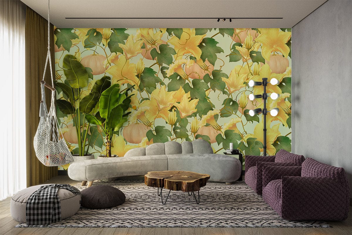 Elegant living room with Autumn Pumpkin Wallpaper, grey sofa, purple armchair, wood floor, natural decor.