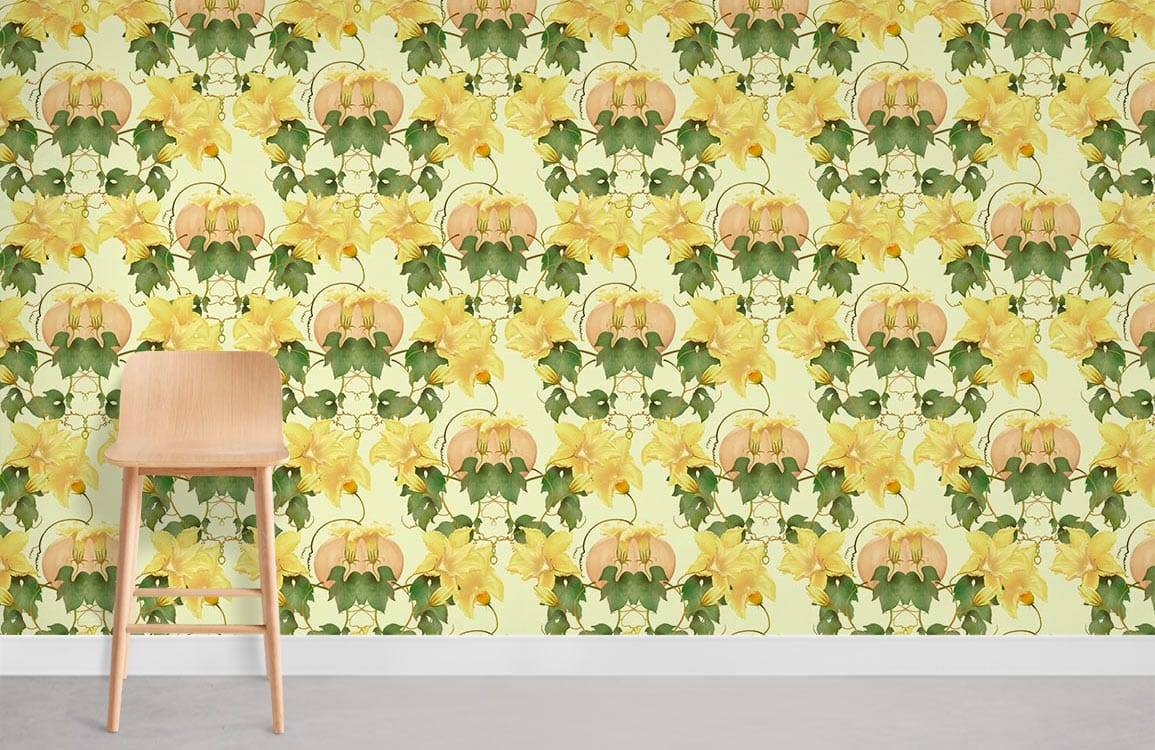 Elegant yellow and green floral wallpaper in room with wooden chair, grey concrete flooring.