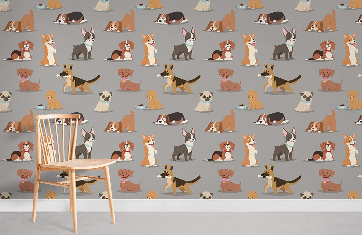 Grey patterned wallpaper with adorable canine friends, wooden chair, playful interior decor in modern room.